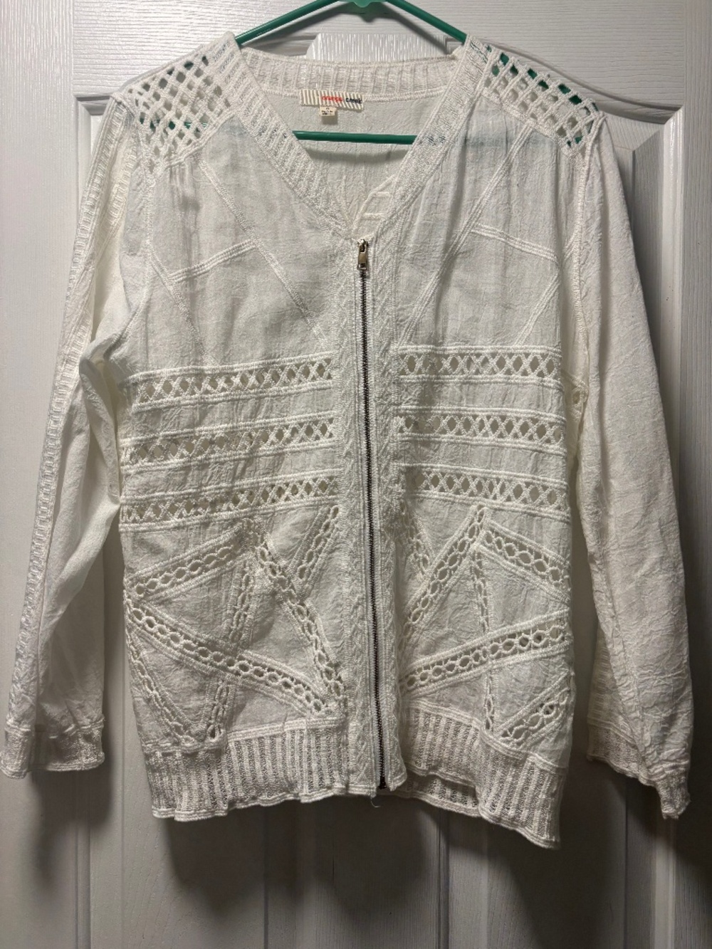 Bohme Embroidered White Crochet Bomber Zip up Jacket S